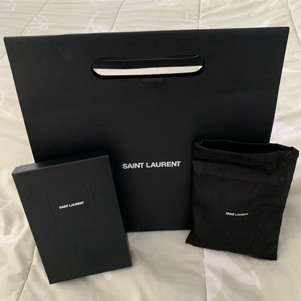 Saint Laurent shopping gift tote, box, and pouch